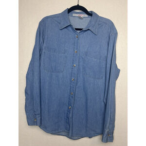 Denim Kikomo Wear Women's Blue Denim Jean Button Up Long Sleeve Shirt Size Med